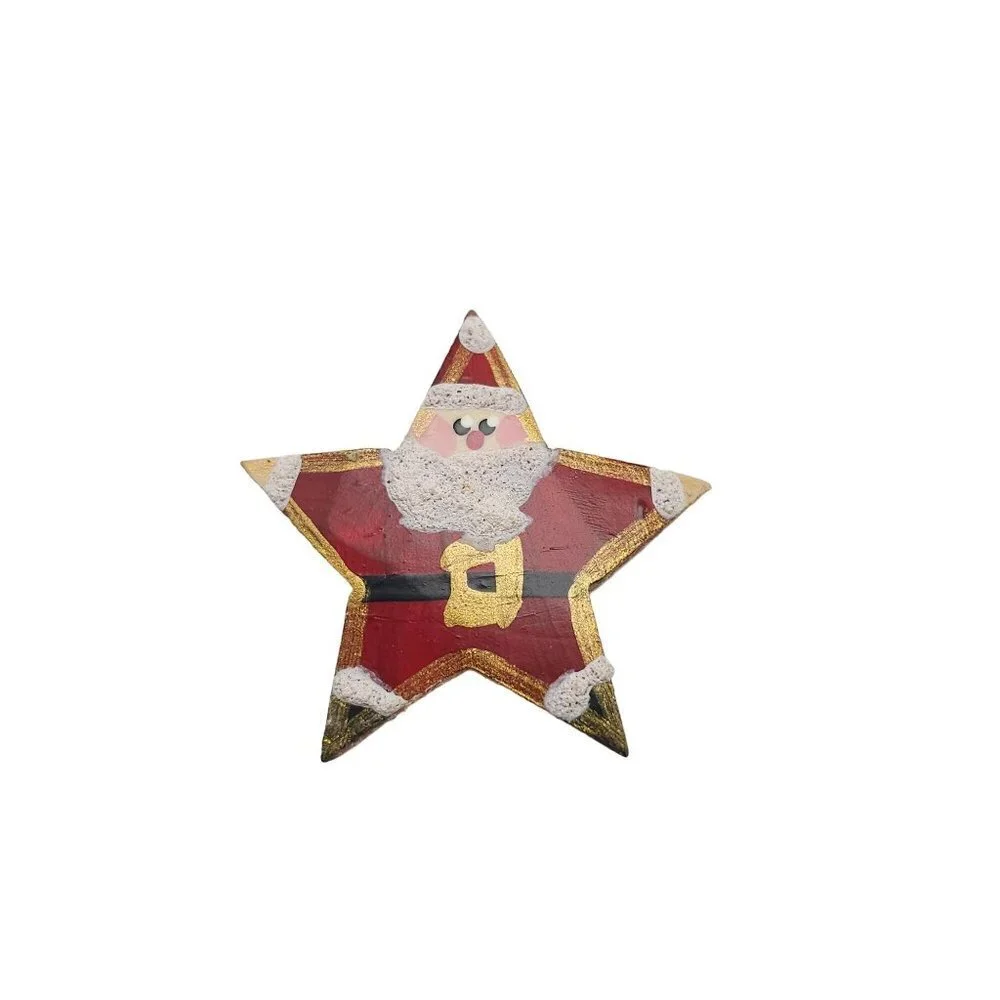 Multicolor Hand Painted Wood Christmas Santa Star Brooch Pin Vintage